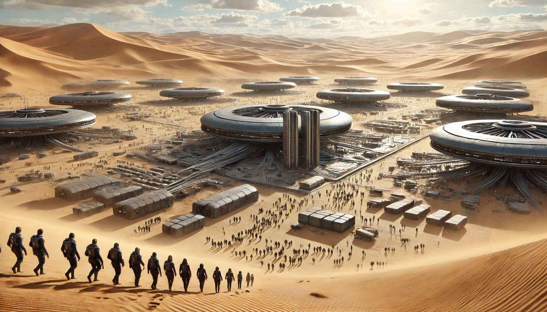 a desert colony with futuristic structures and four groups of people heading toward a central building.