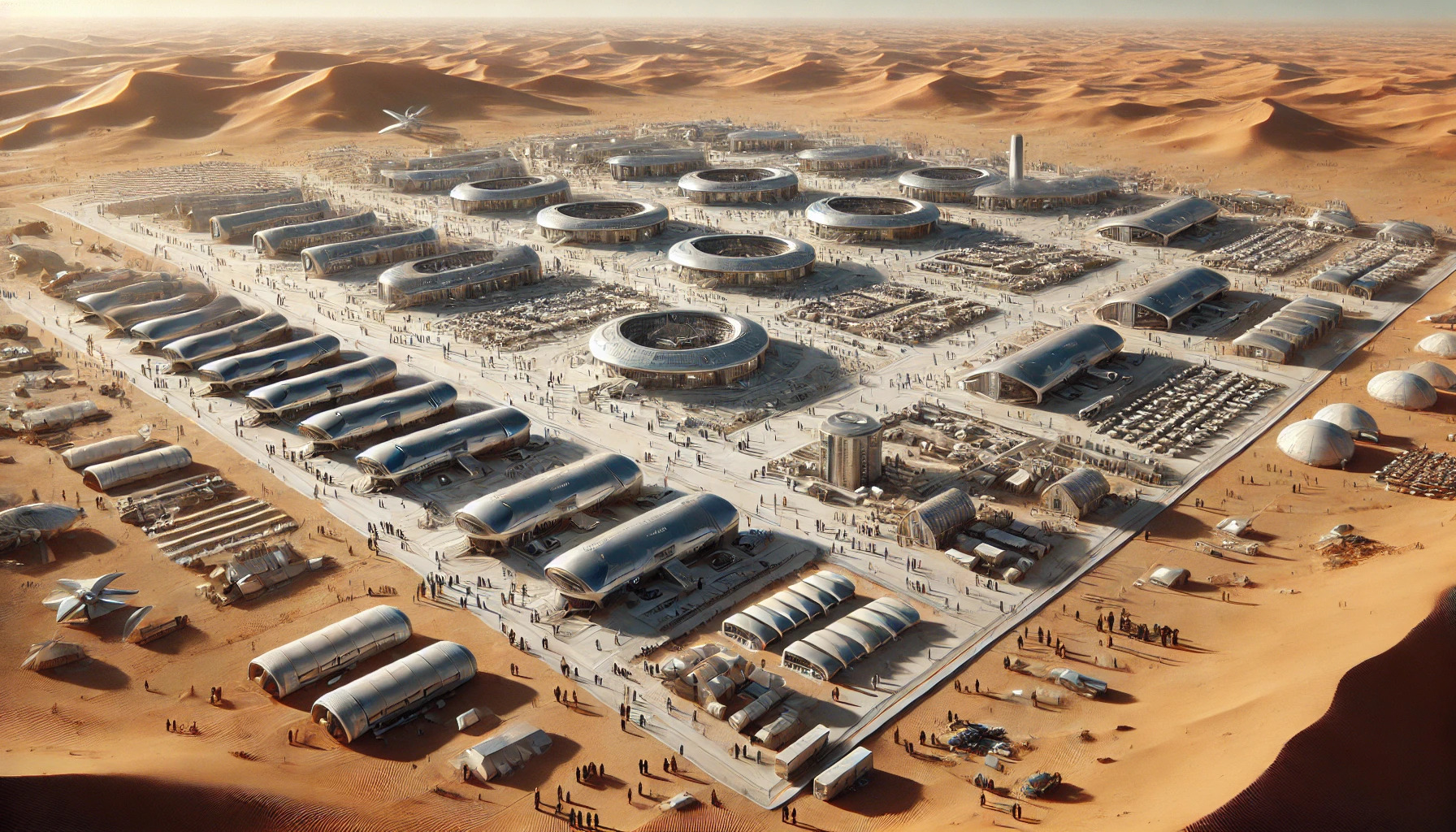 a vast desert landscape, featuring a large, organized encampment of futuristic structures similar to a colony setup. 