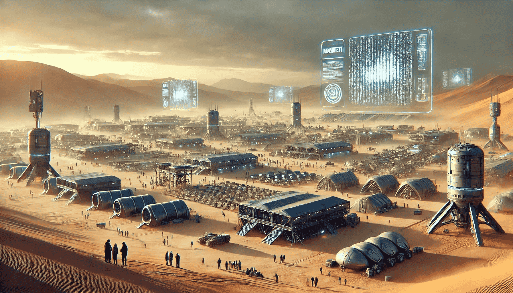 A vast desert landscape with a large, organized encampment of futuristic structures and vehicles, resembling a colony setup