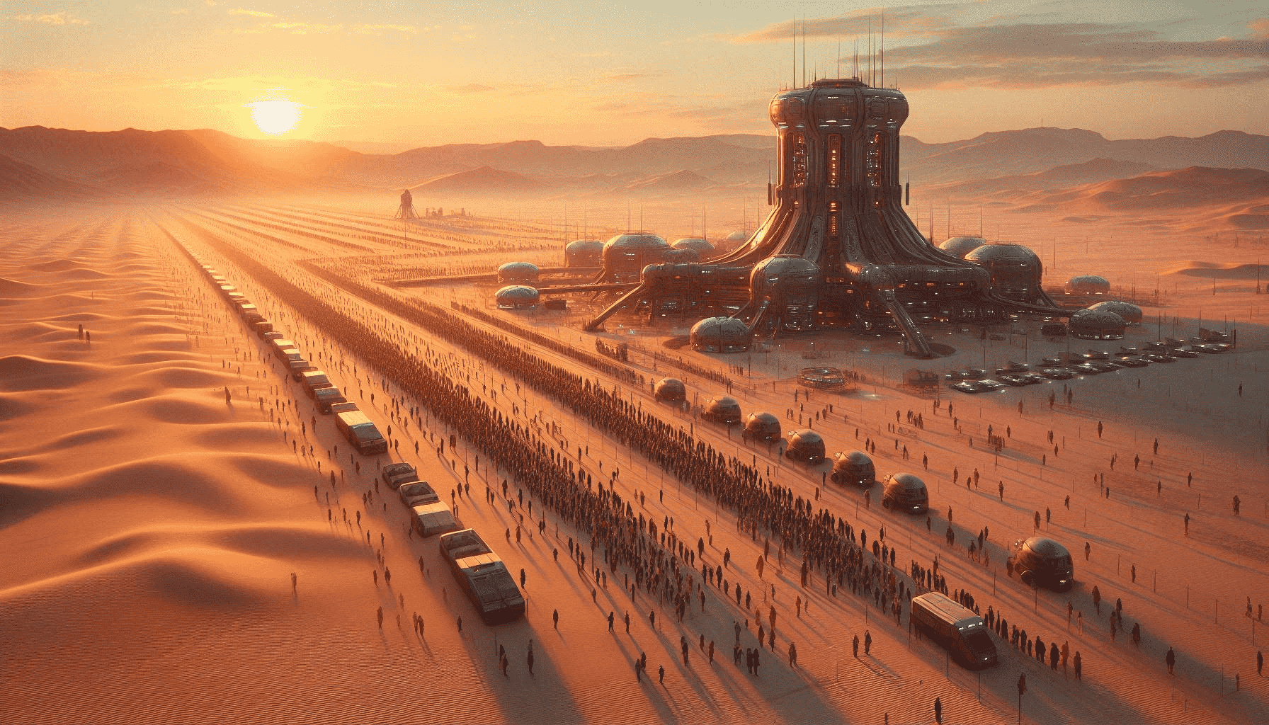 Futuristic desert cityscape at sunset with a central towering structure, rows of spherical buildings, and crowds of people