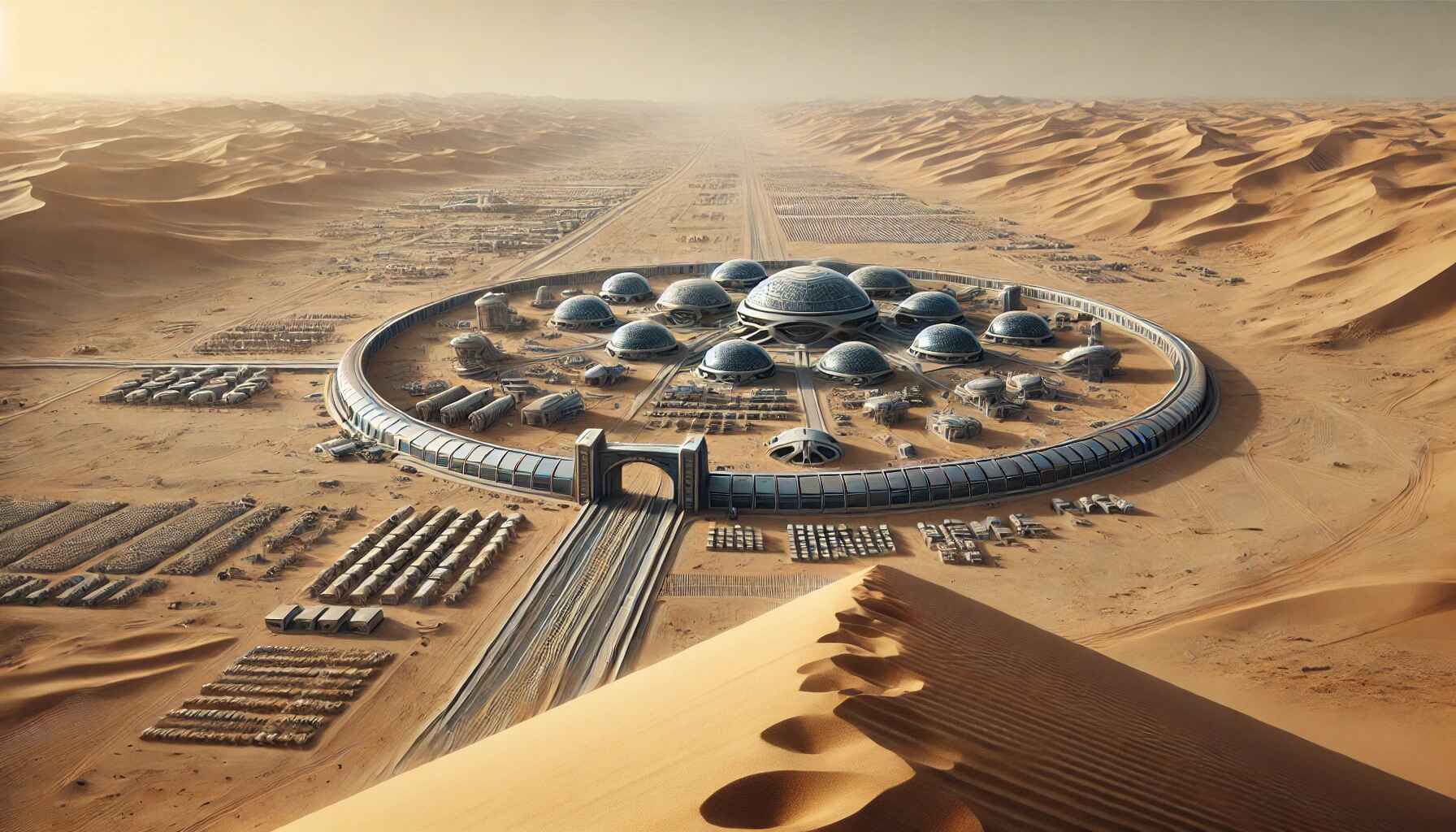 uturistic desert colony as seen from over a sand dune, with a grand entrance gate at the top.