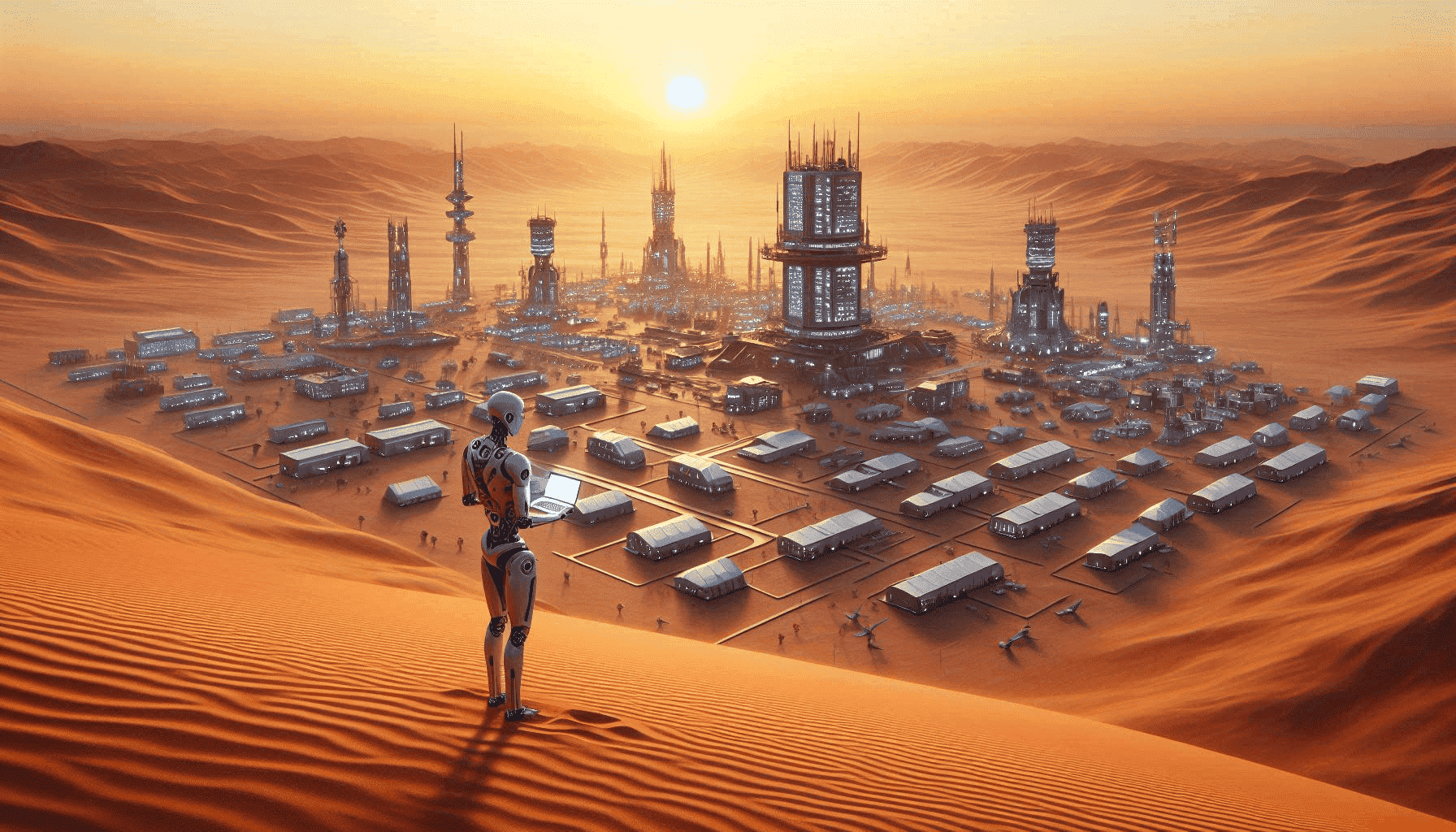 Futuristic cityscape with advanced technology infrastructure and neon lights in a desert setting at dusk