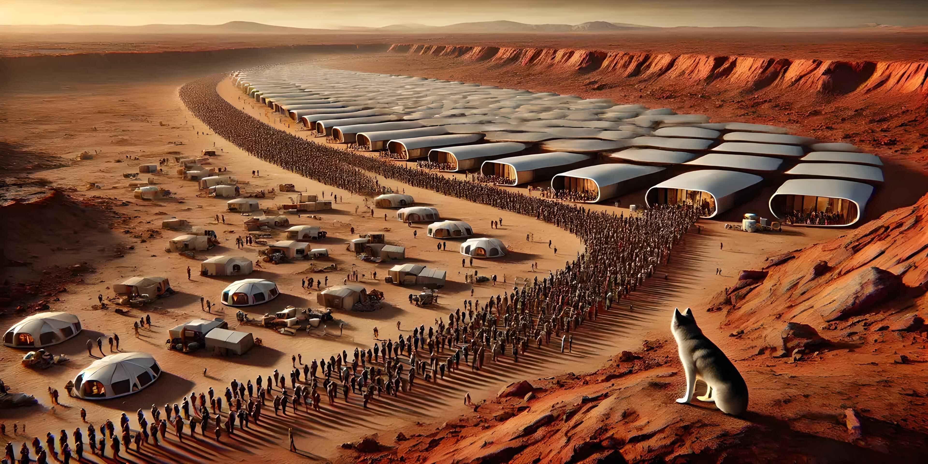 A colony of people on a desert with a fox sitting and watching towards it