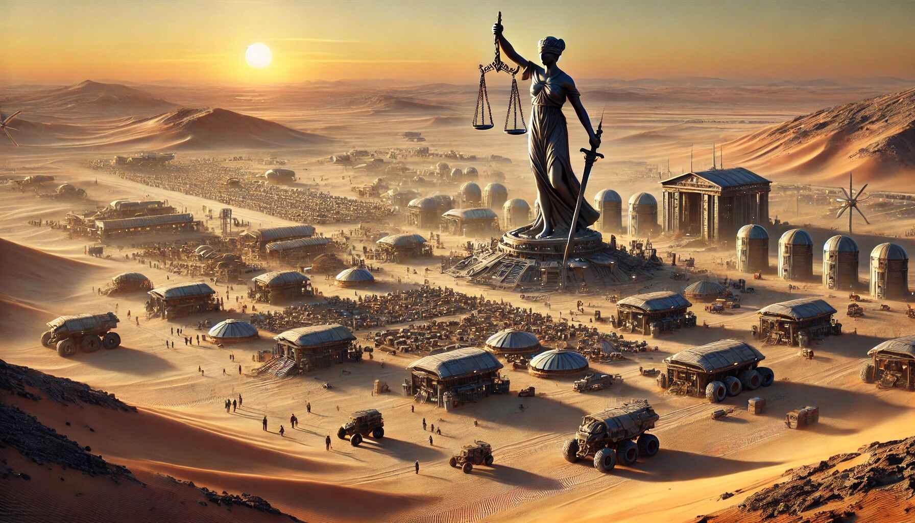 a vast desert landscape with a futuristic colony, bustling with activity, and Lady Justice overseeing the entire scene.
