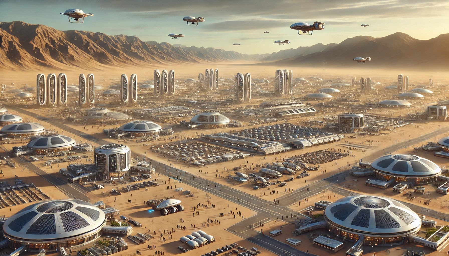 A vast desert landscape with a large, organized encampment of futuristic structures and vehicles, resembling a colony setup