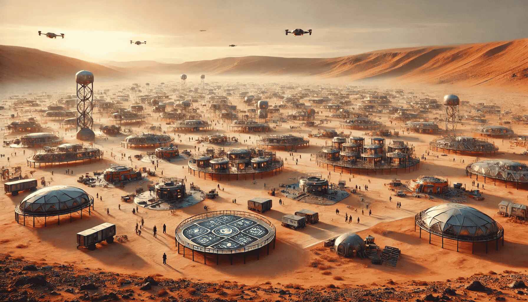 A vast desert landscape with large organized futuristic structures resembling a colony setup