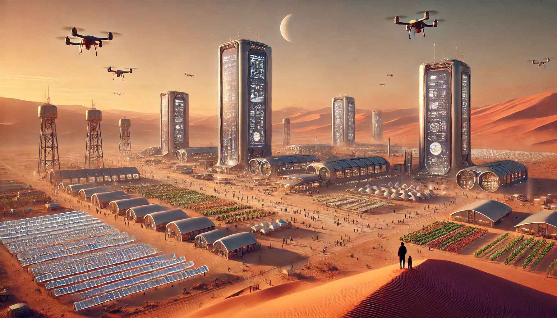 futuristic desert colony with bustling activity, featuring tall structures