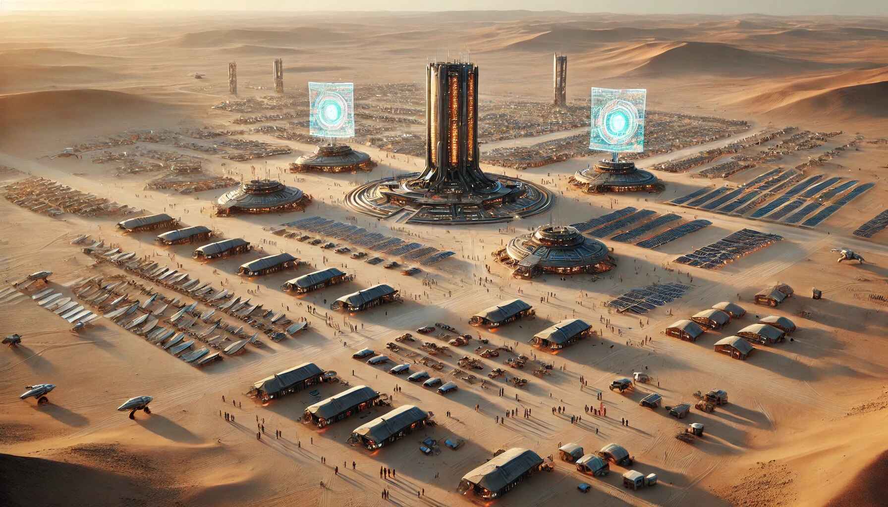 A vast desert landscape with a large, organized encampment of futuristic structures and vehicles, resembling a colony setup