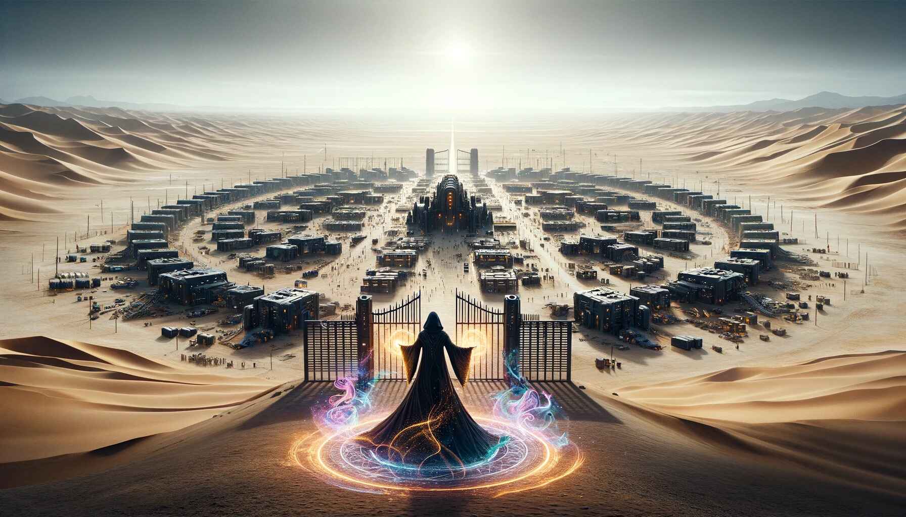 An image featuring a magician standing outside the futuristic colony gates, performing a magical ritual.