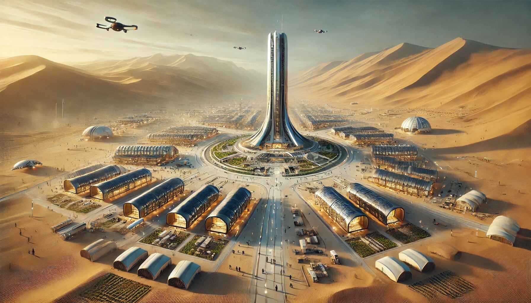 A vast desert landscape with the futuristic colony and a tall central tower. The scene reflects a thriving, bustling community in this remote location