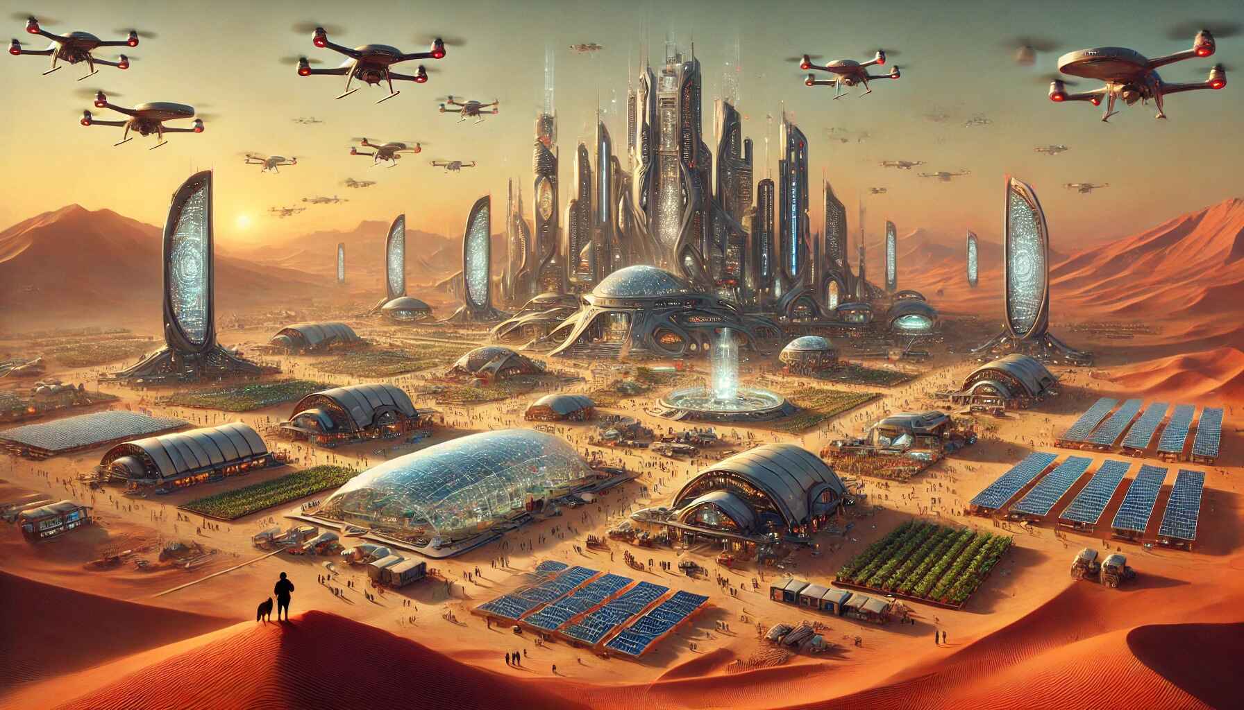 A vast desert colony with bustling activity, featuring tall structures and a dog overlooking the scene from a distance.
