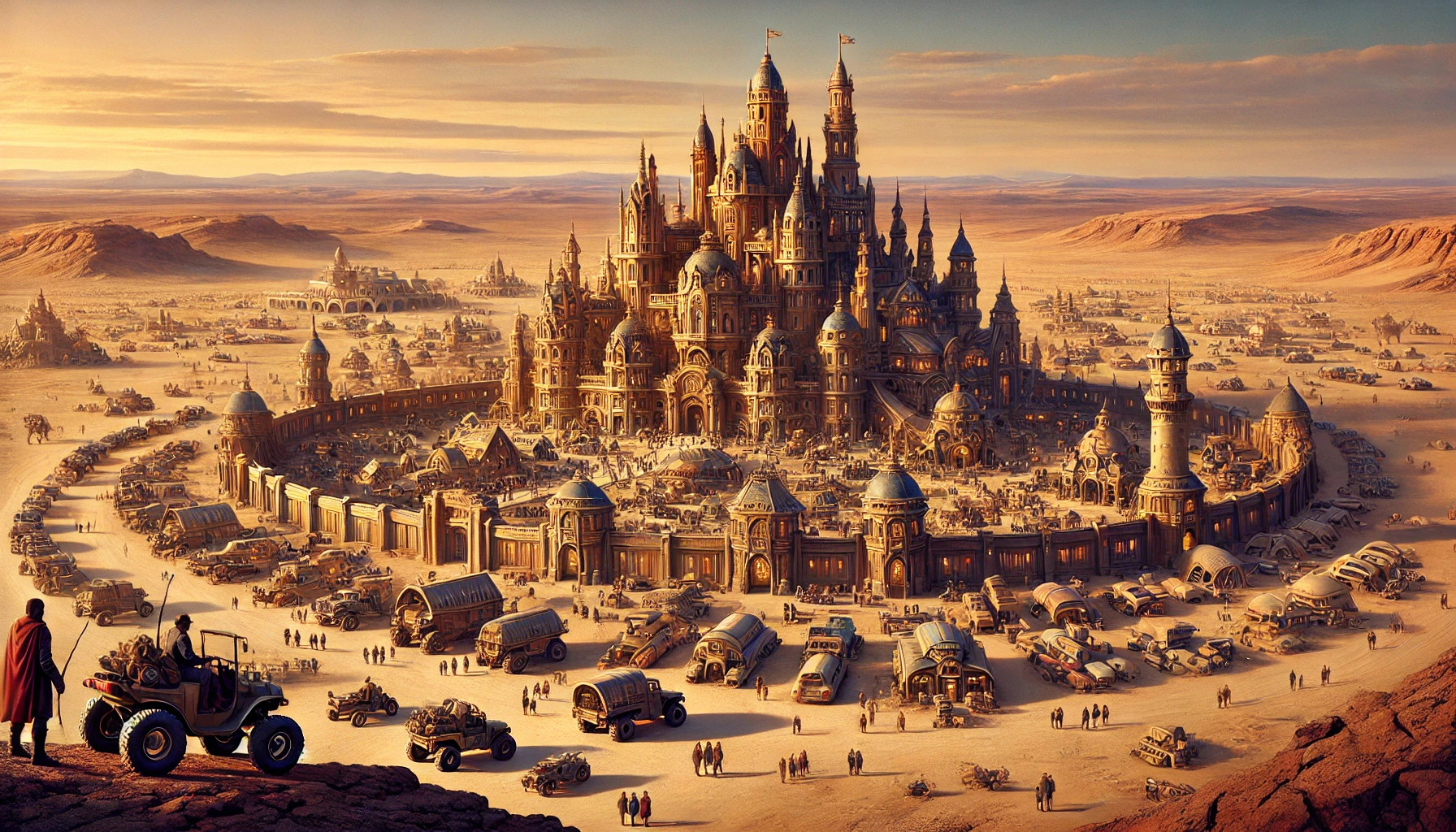 A vast desert landscape with the futuristic colony, bustling with activity, and the large castle at the center 