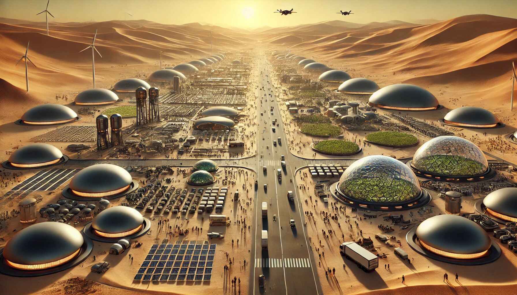 A futuristic desert colony, divided into two distinct sections with bustling activity.