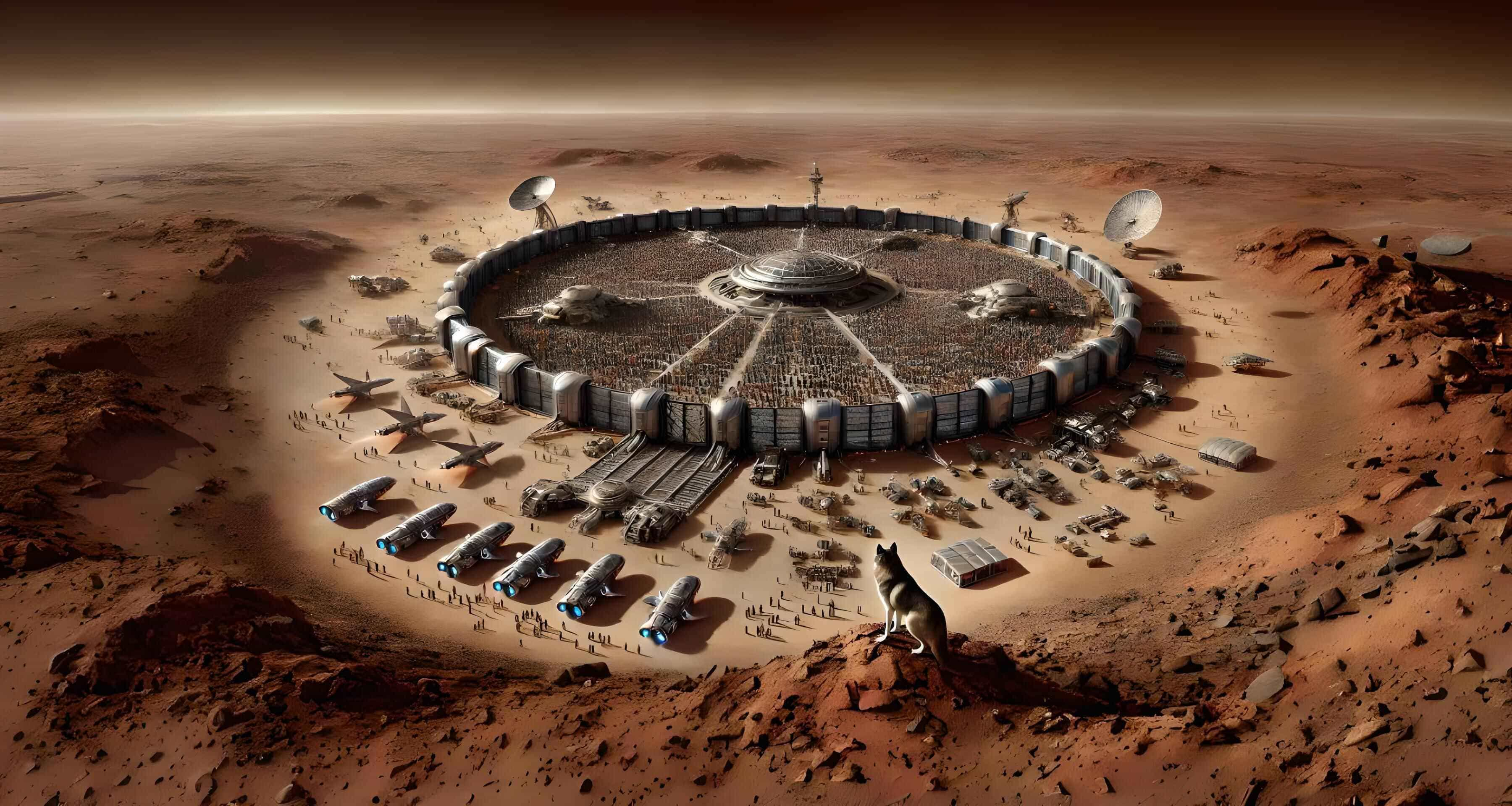 A vast desert colony consisting of futuristic structures with a fox sitting on an elevated sand dune and watching towards it