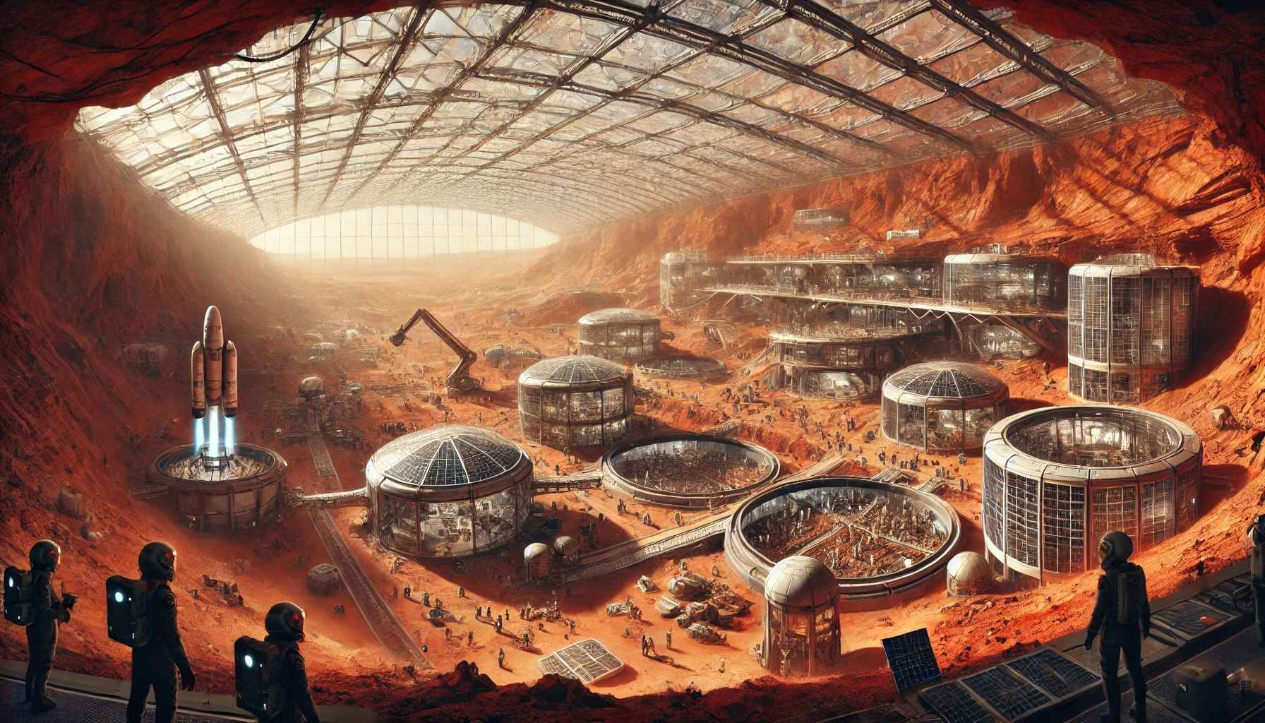A  sprawling Martian underground colony, showcasing futuristic structures, scientists and settlers at work, and a view of the barren Martian surface above