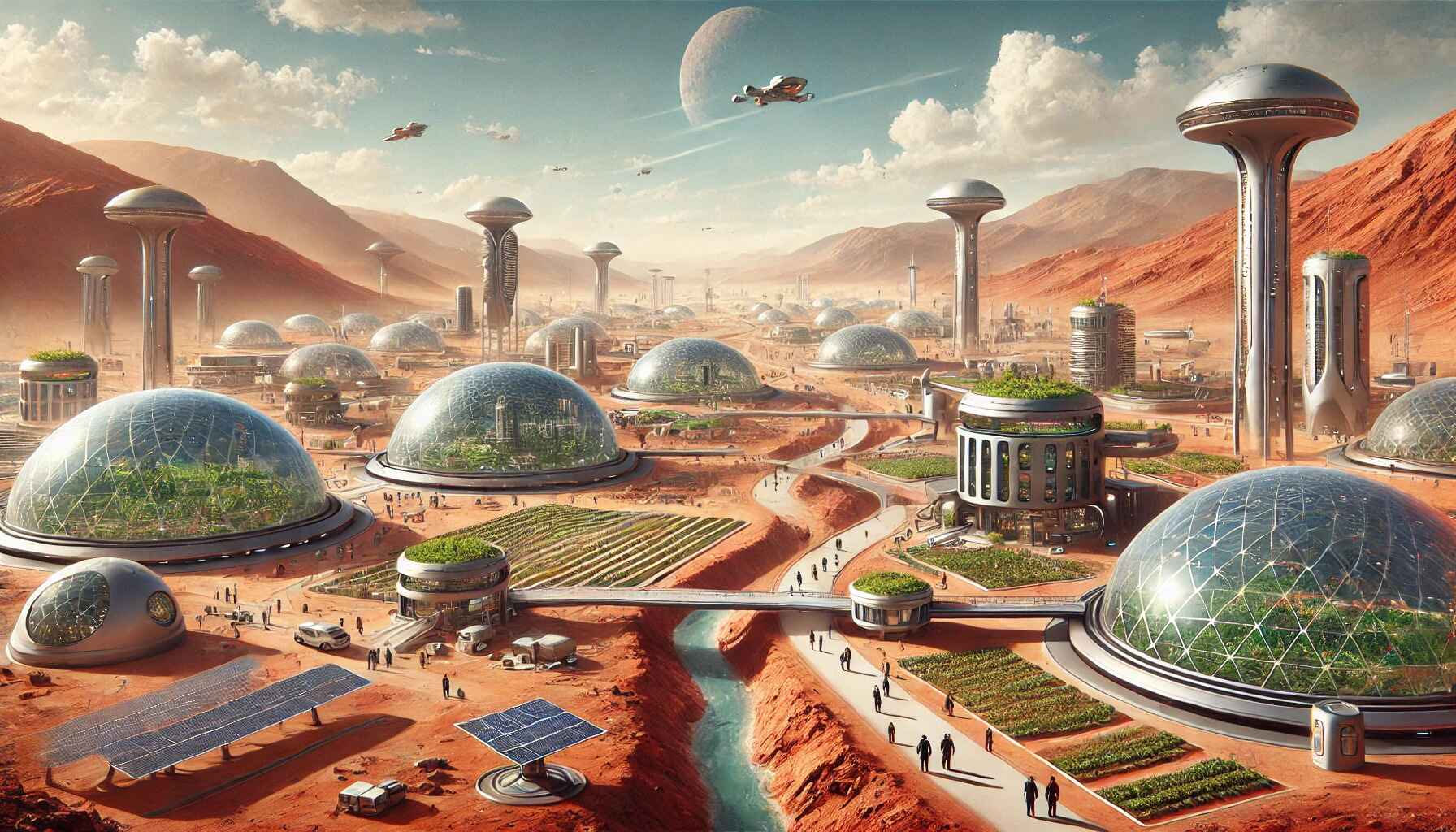 a futuristic desert landscape of Mars, full of activity and thriving life. The bustling colony features advanced architecture, green spaces, and terraformed areas, bringing an energetic, vibrant scene to Mars' red terrain.