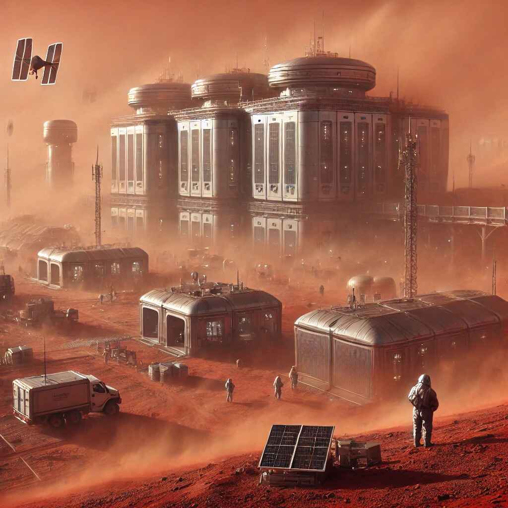 a futuristic research colony on Mars battling a violent dust storm. It captures the tension and resilience as protective suits, drones, and shields work to protect the colony amidst the red haze.