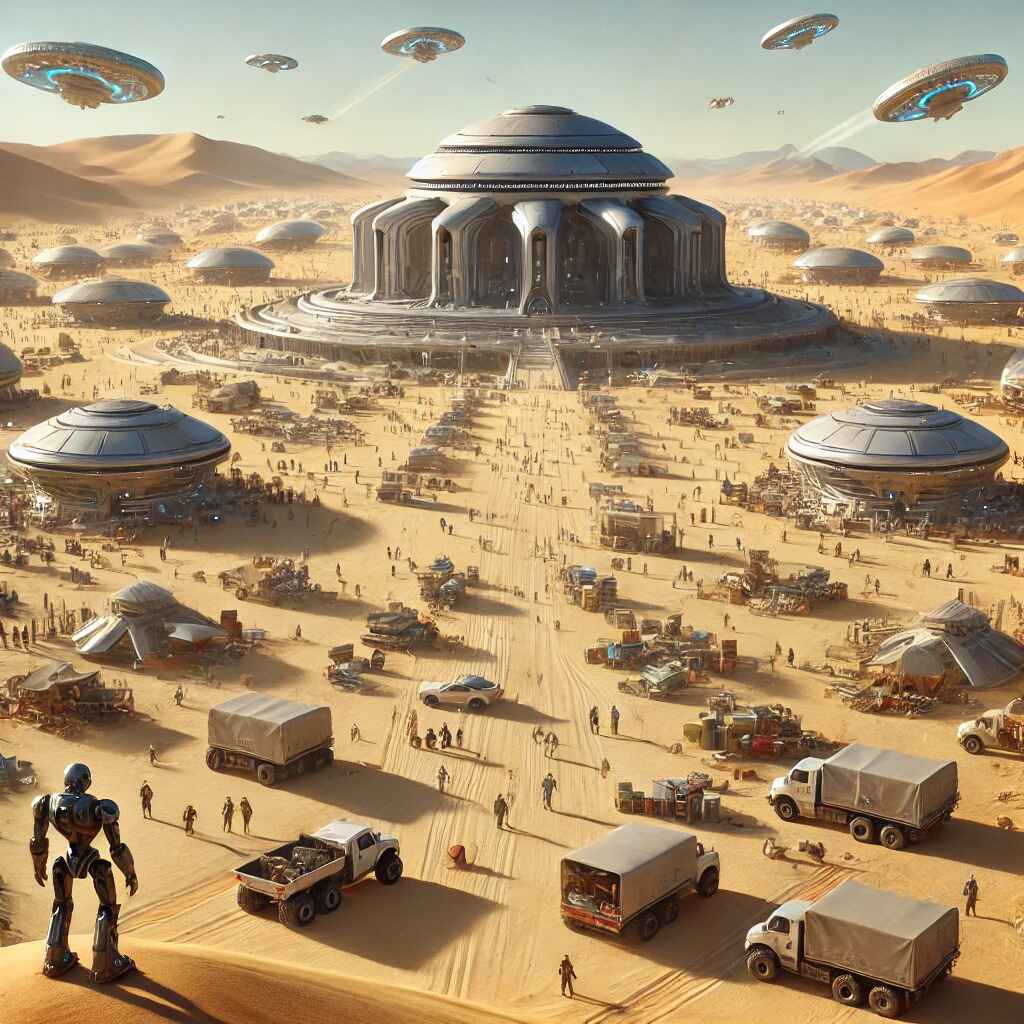 A Futuristic desert colony with the bustling activity, vehicles, and the large senate house in the center, being observed by a robot from afar.