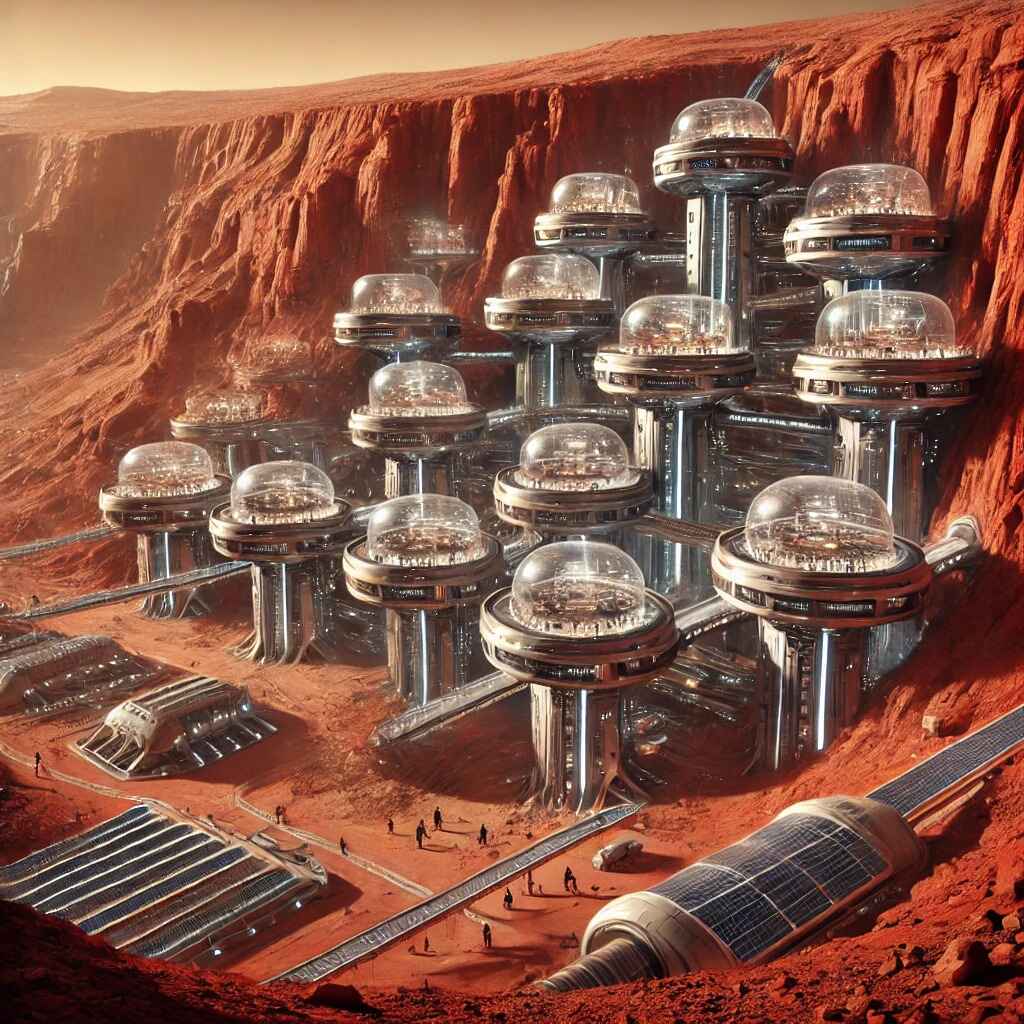 a thriving futuristic colony built into the walls of a massive Martian canyon, with terraces, glowing structures, and a water processing plant at the base. The scene captures the blend of Martian terrain and advanced technology