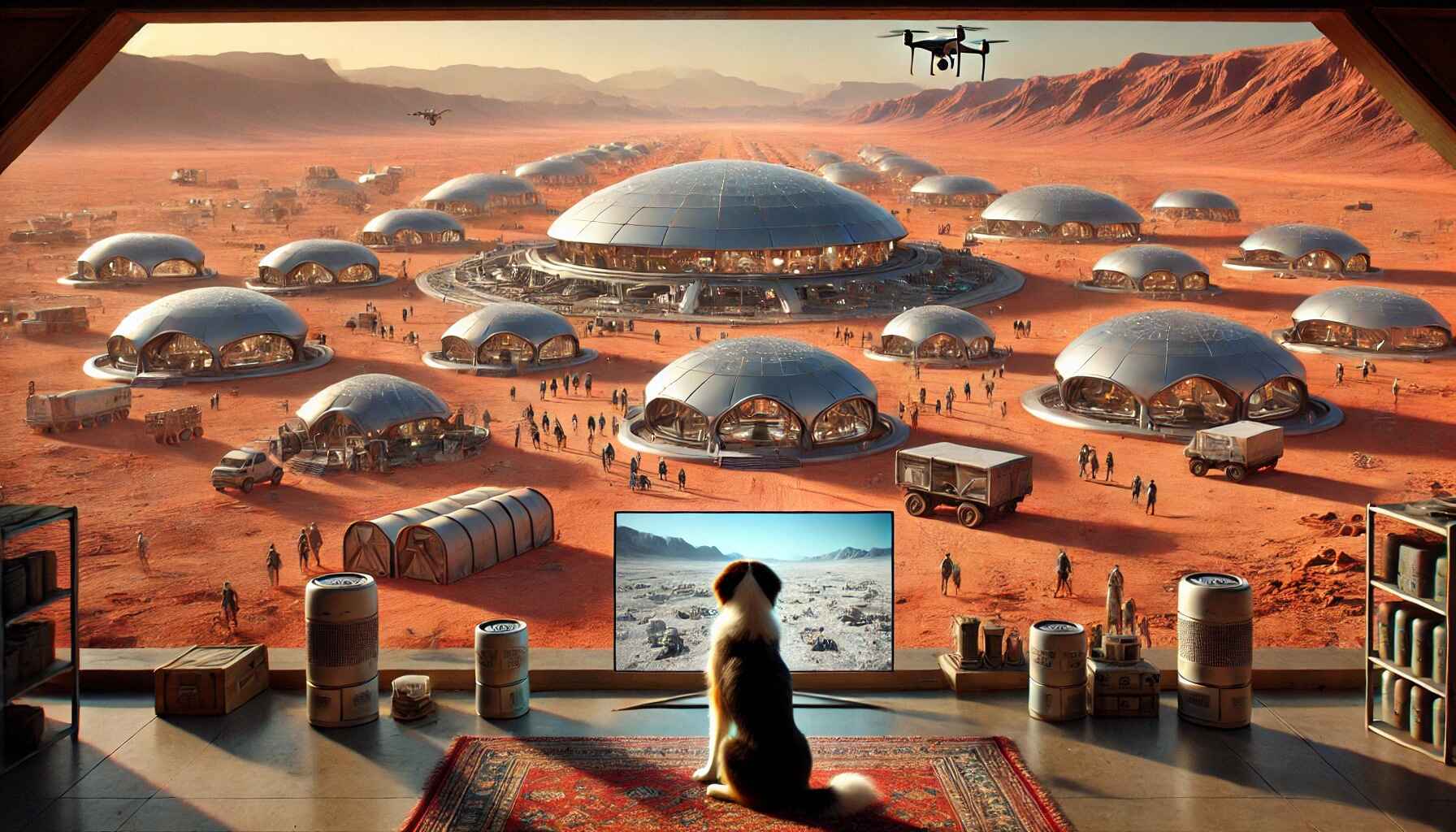 A futuristic desert colony with a dog sitting in front of a screen, watching over the thriving community from afar