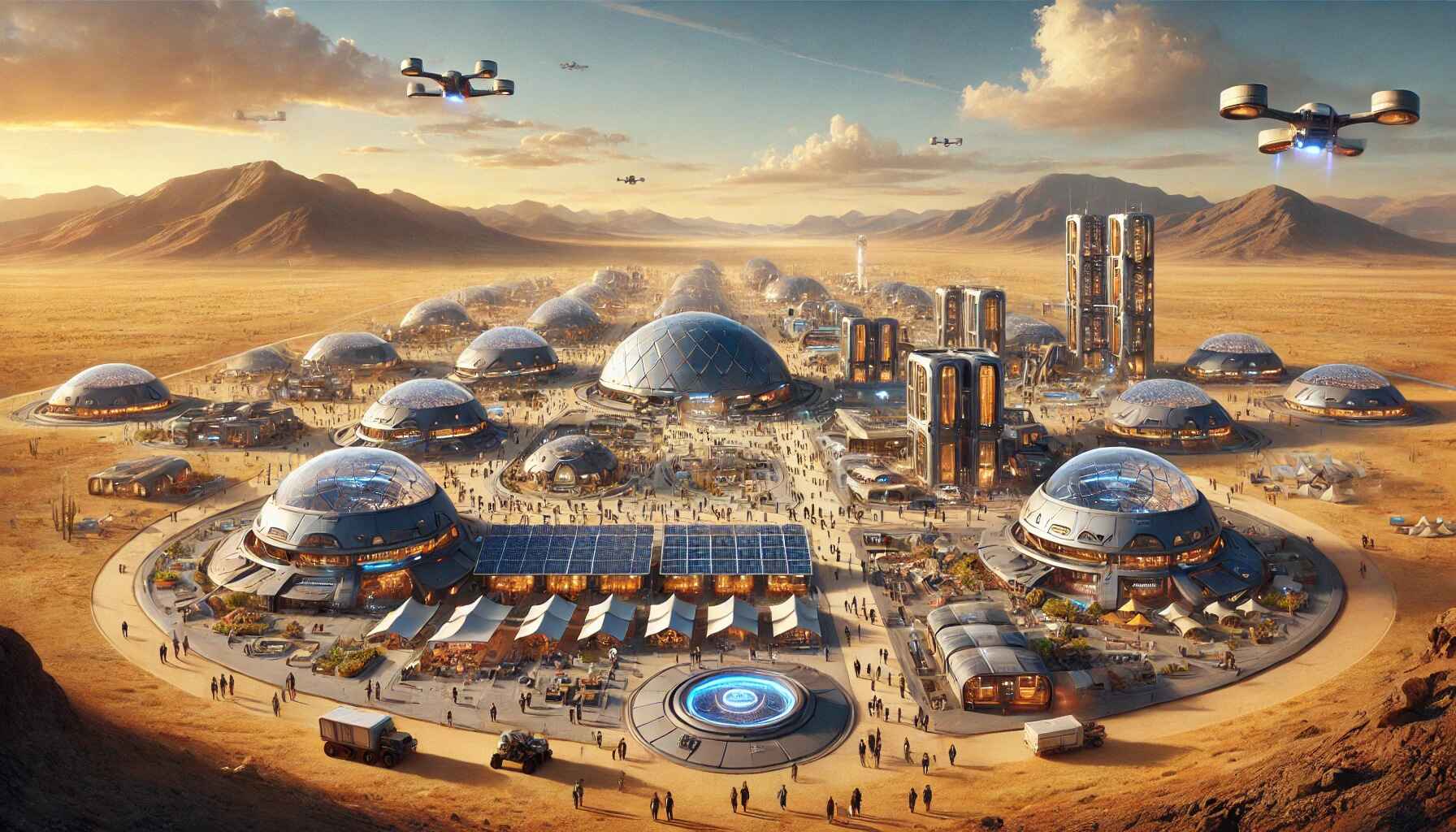 A desert colony encampment, bustling with activity and divided into two distinct parts, each with unique structures and features.