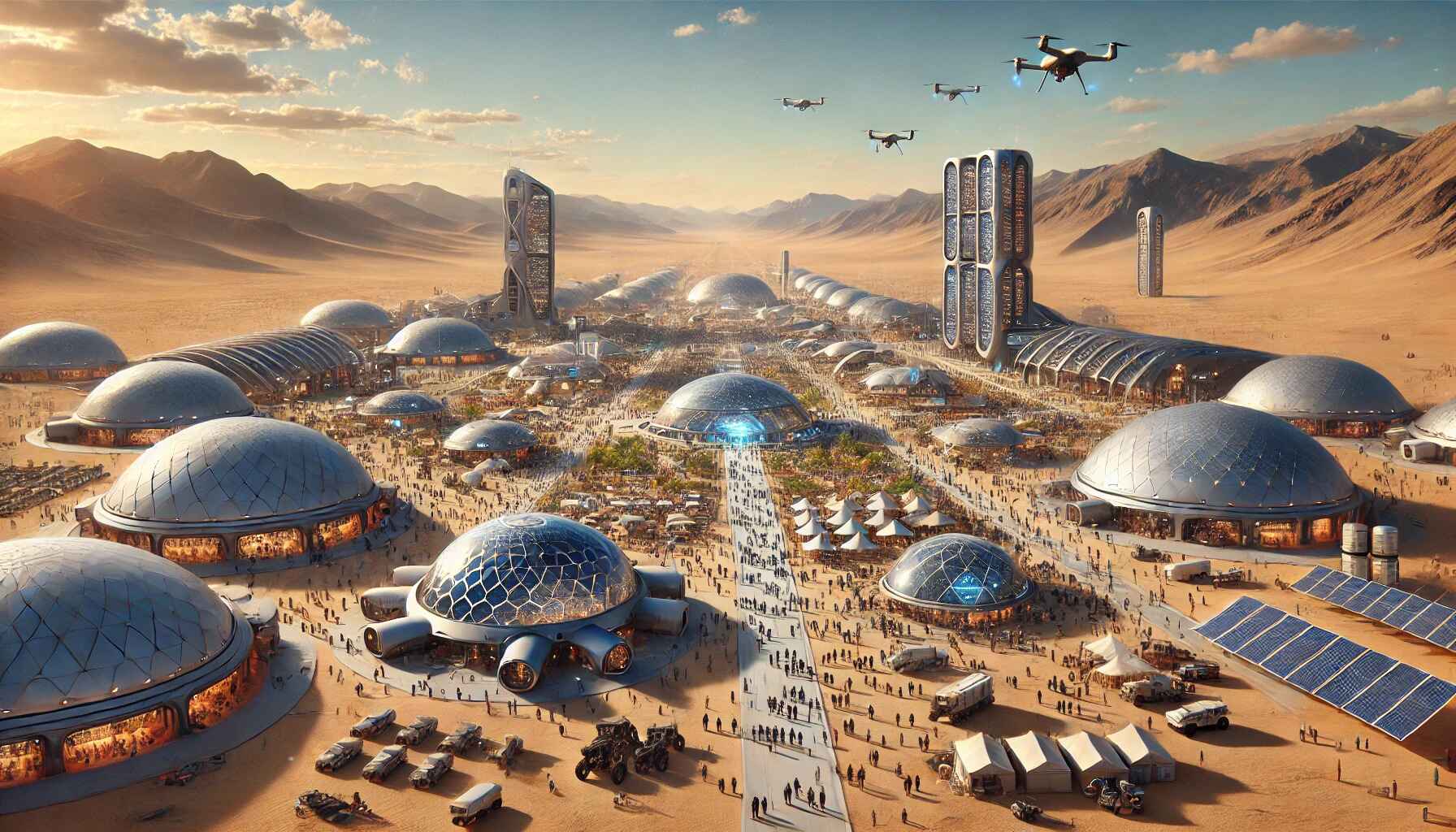 A desert colony encampment, bustling with activity and divided into two distinct parts, each with unique structures and features.