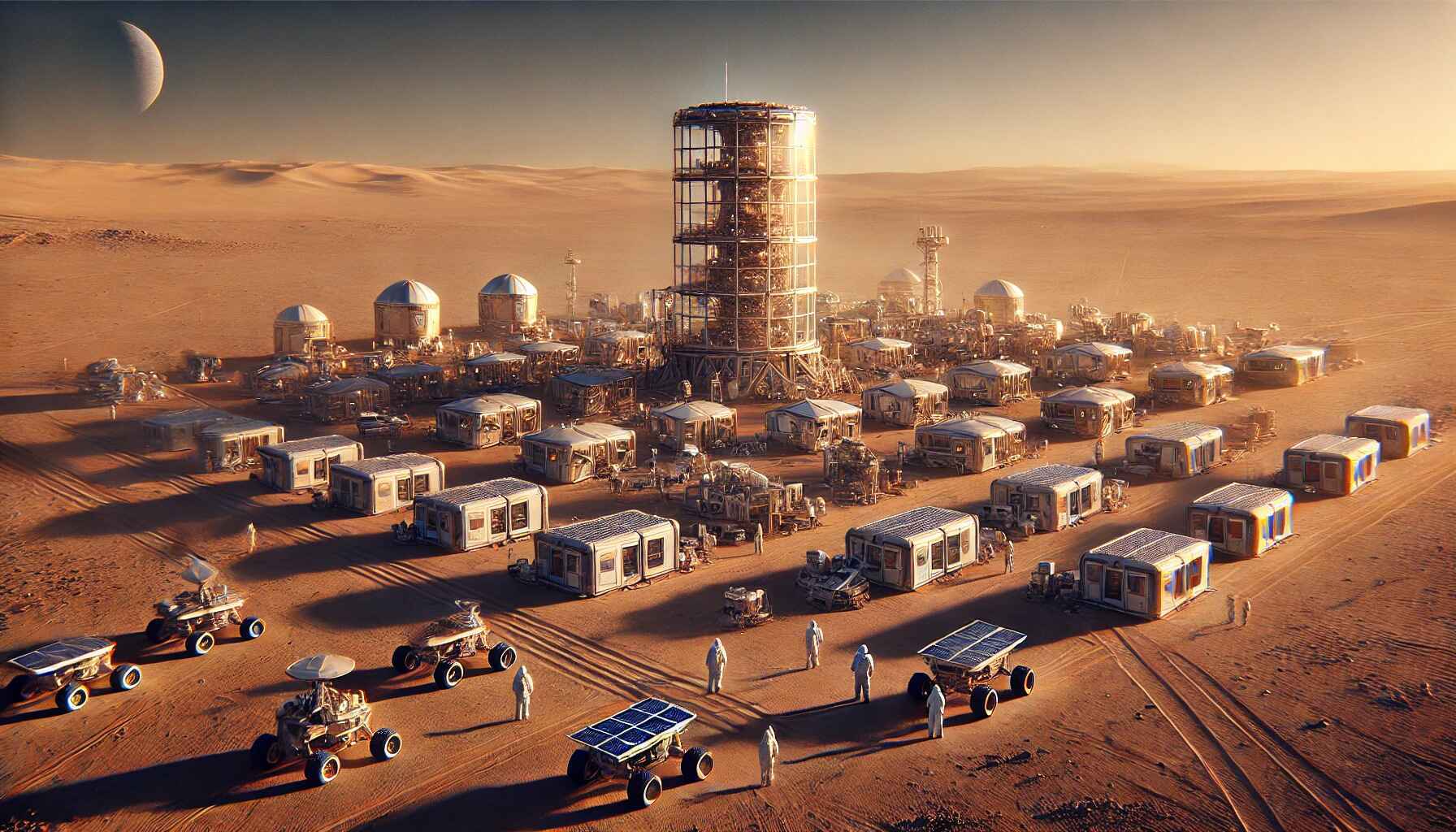 A vast desert landscape with a large, organized encampment of futuristic structures and vehicles, resembling a colony setup