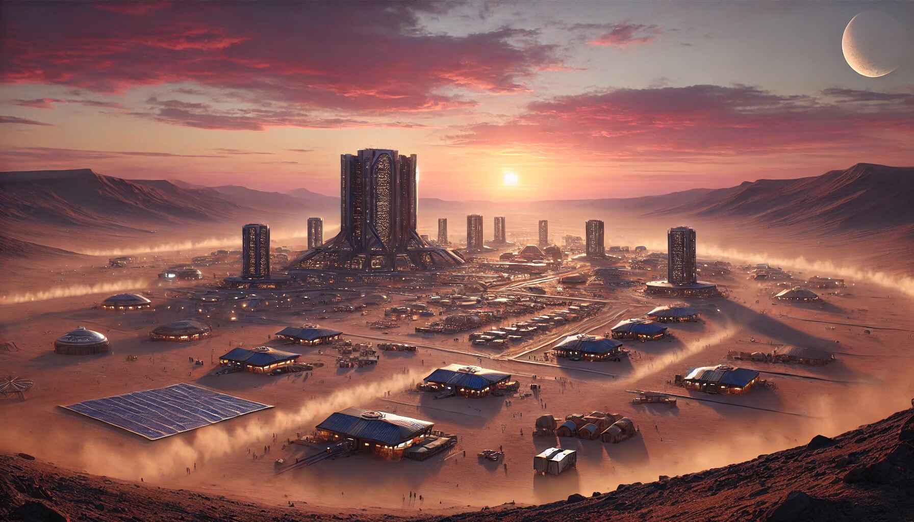 A vast desert landscape at sunset with a large, organized encampment of futuristic structures and vehicles, resembling a colony setup