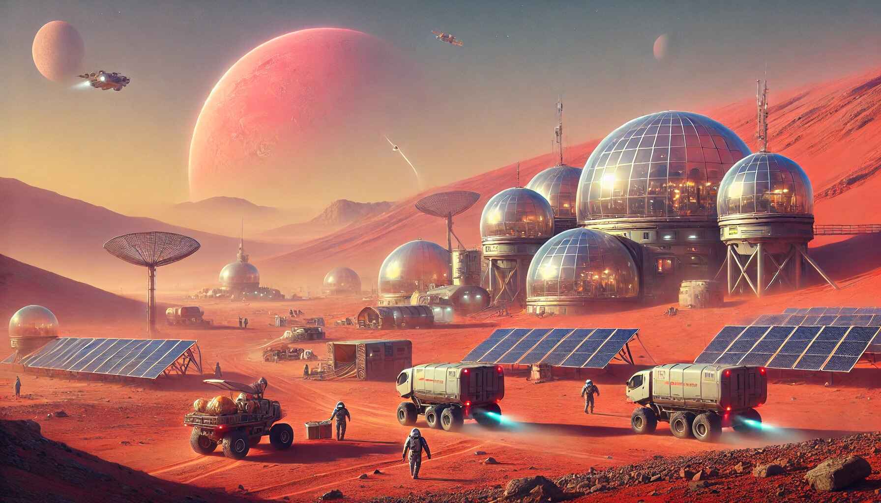 A vast desert landscape with large organized futuristic structures resembling a colony setup