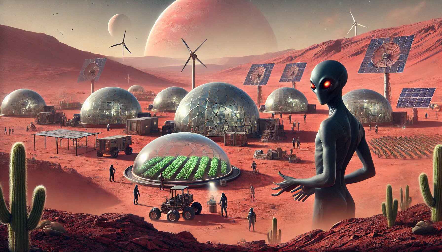 depiction of a Martian desert colony bustling with activity, while an alien figure watches from a distance, adding an element of mystery to the scene.
