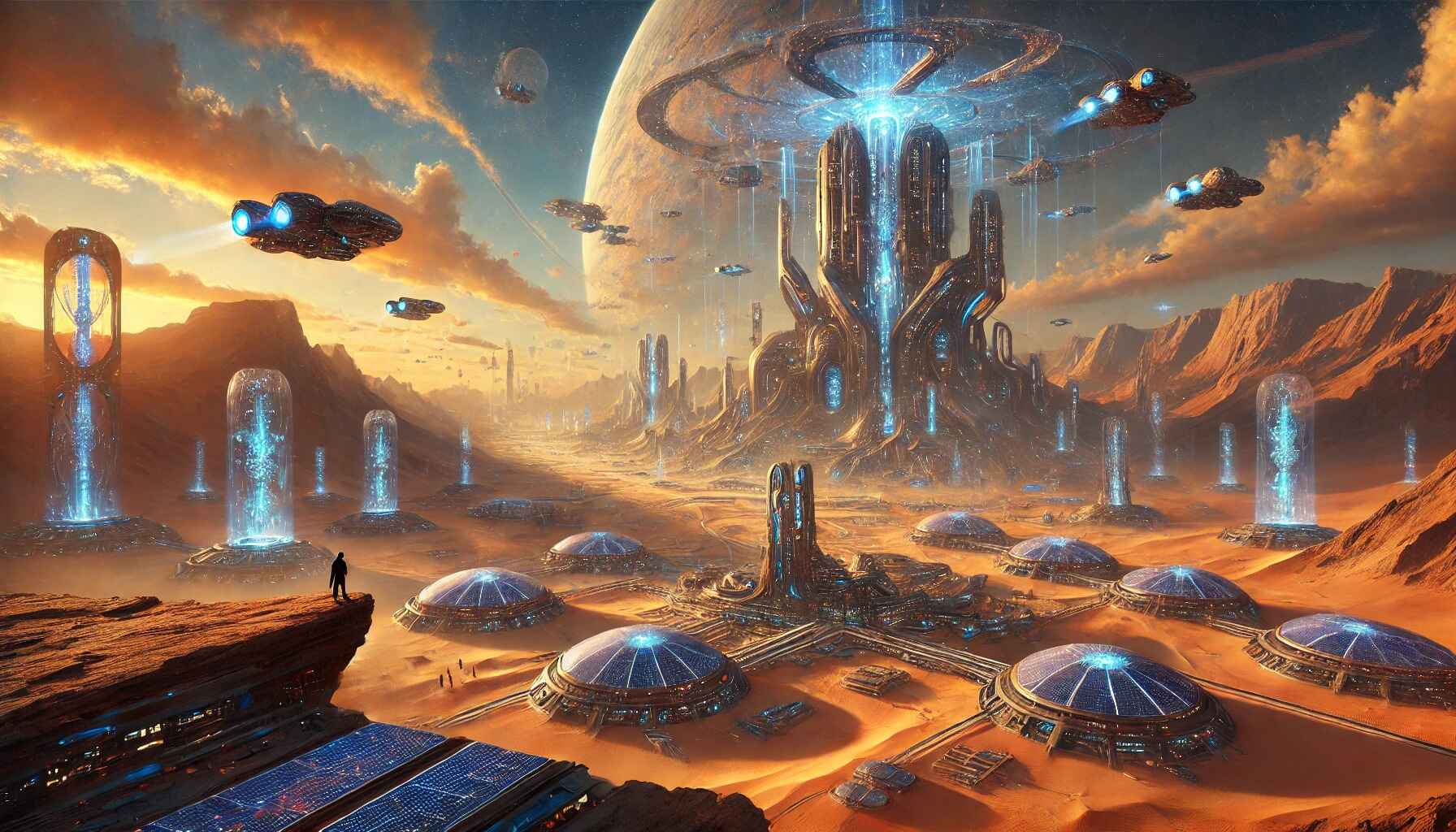 A vast desert landscape with a large, organized encampment of futuristic structures and vehicles, resembling a colony setup