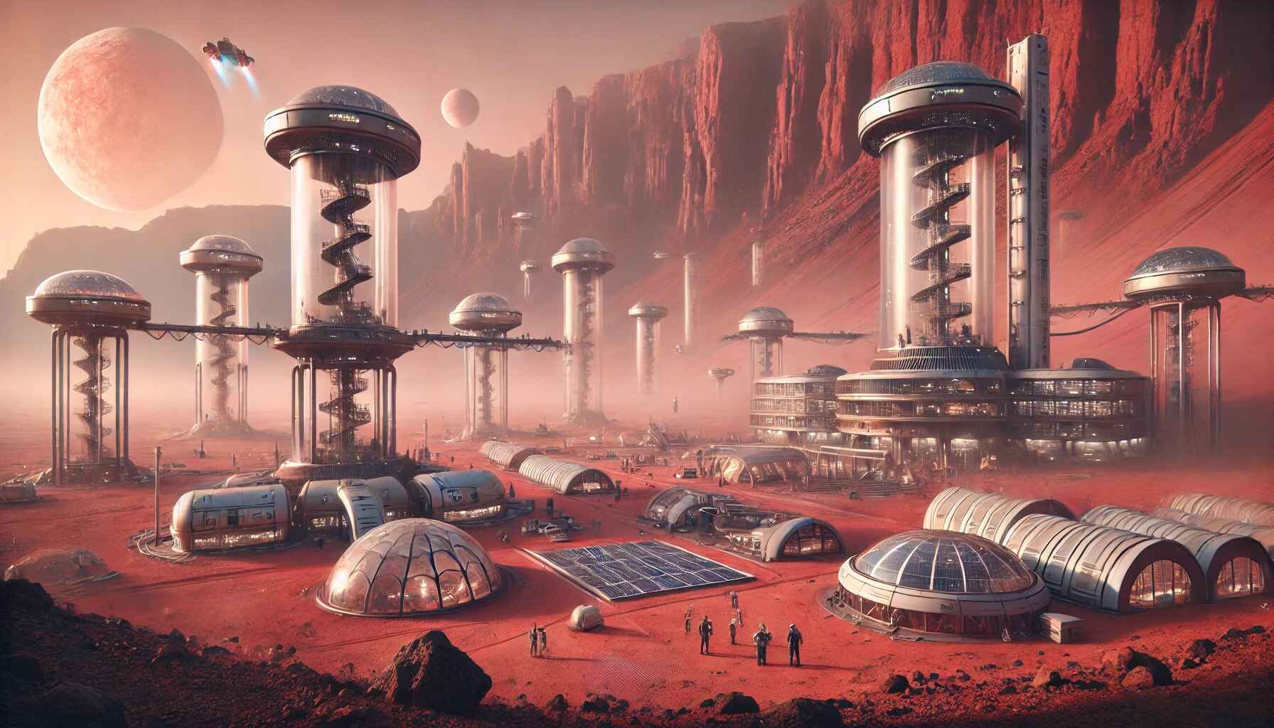 A vast desert landscape with a large, organized encampment of futuristic structures and vehicles, resembling a colony setup