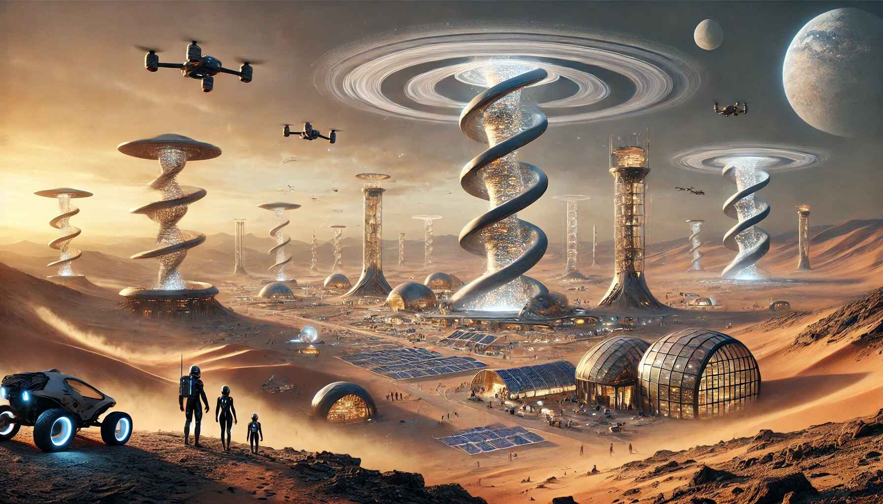 An imaginative depiction of a futuristic desert colony with innovative designs and a dynamic atmosphere.