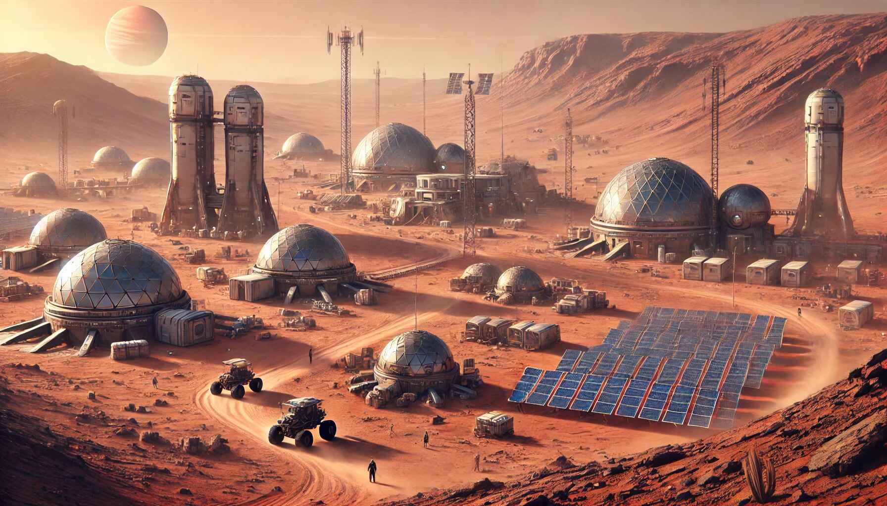 A vast desert landscape with large organized futuristic structures resembling a colony setup