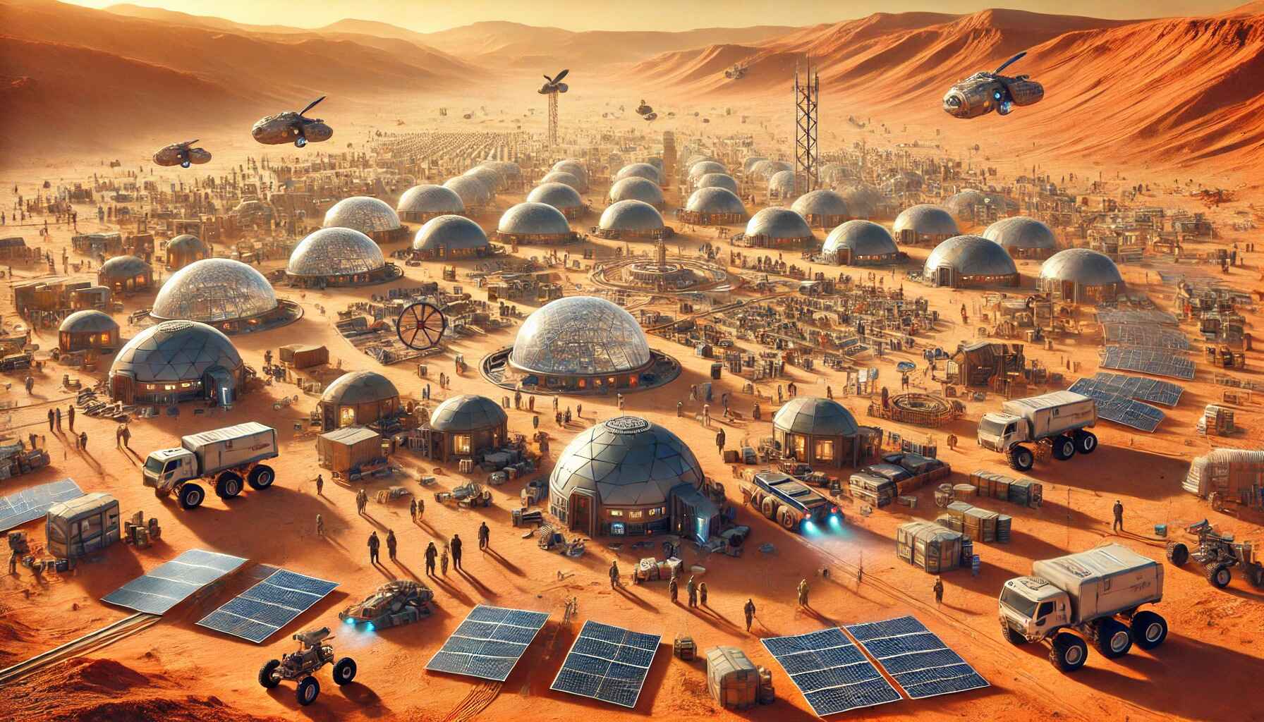 A vast desert landscape with a large, organized encampment of futuristic structures and vehicles, resembling a colony setup