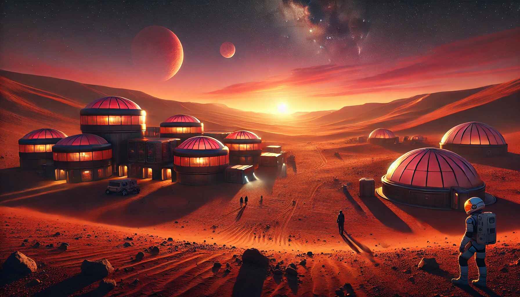 A vast desert landscape with a large, organized encampment of futuristic structures and vehicles, resembling a colony setup