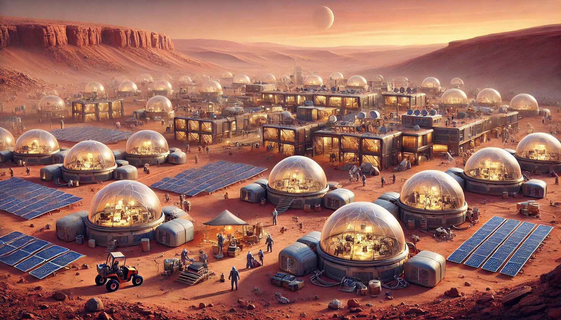 A vast desert landscape with a large, organized encampment of futuristic structures and vehicles, resembling a colony setup