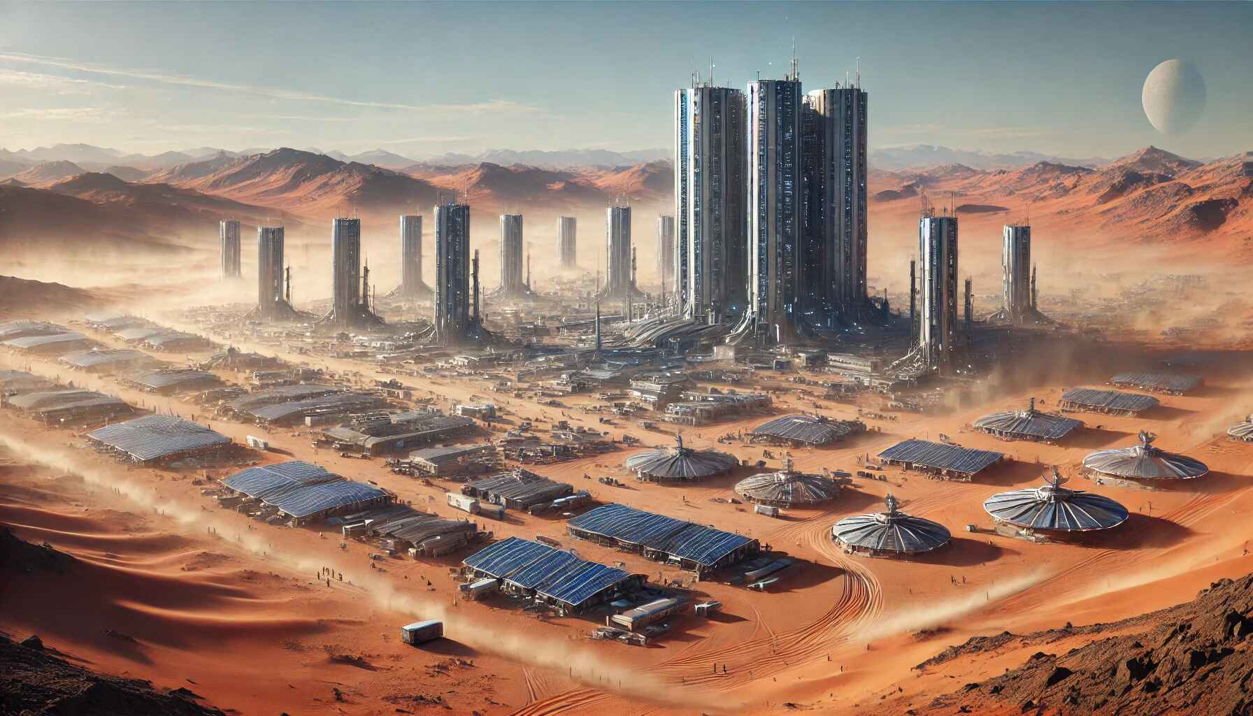 A futuristic desert colony, capturing the bustling, organized community in a remote landscape. 