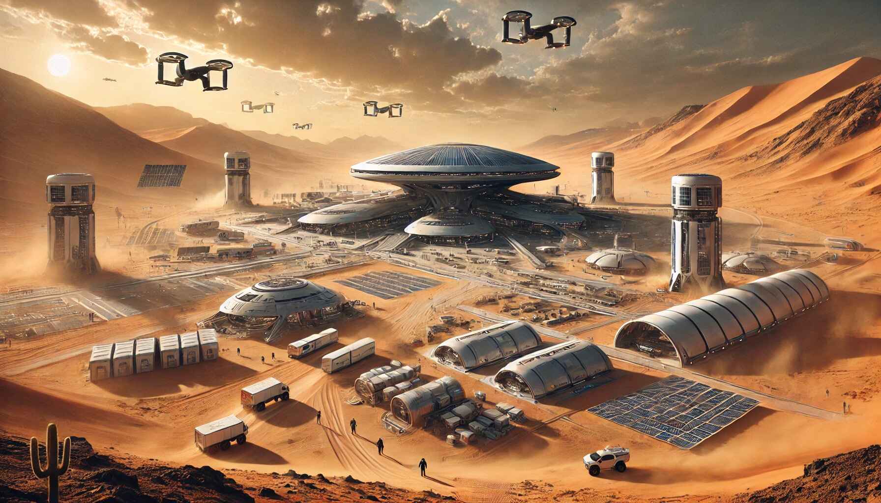 A vast desert landscape with large organized futuristic structures resembling a colony setup