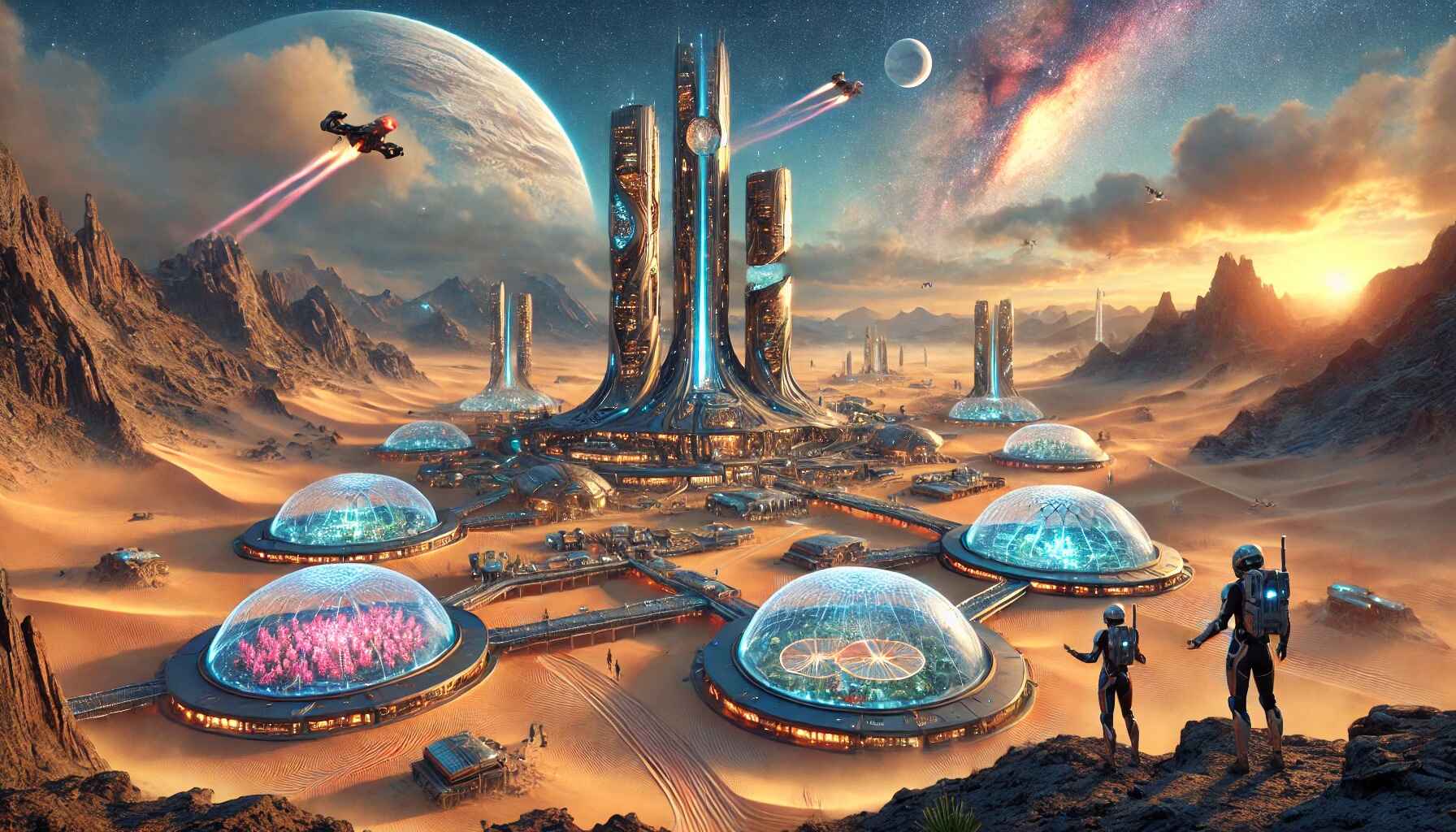 A vast desert landscape with a large, organized encampment of futuristic structures and vehicles, resembling a colony setup