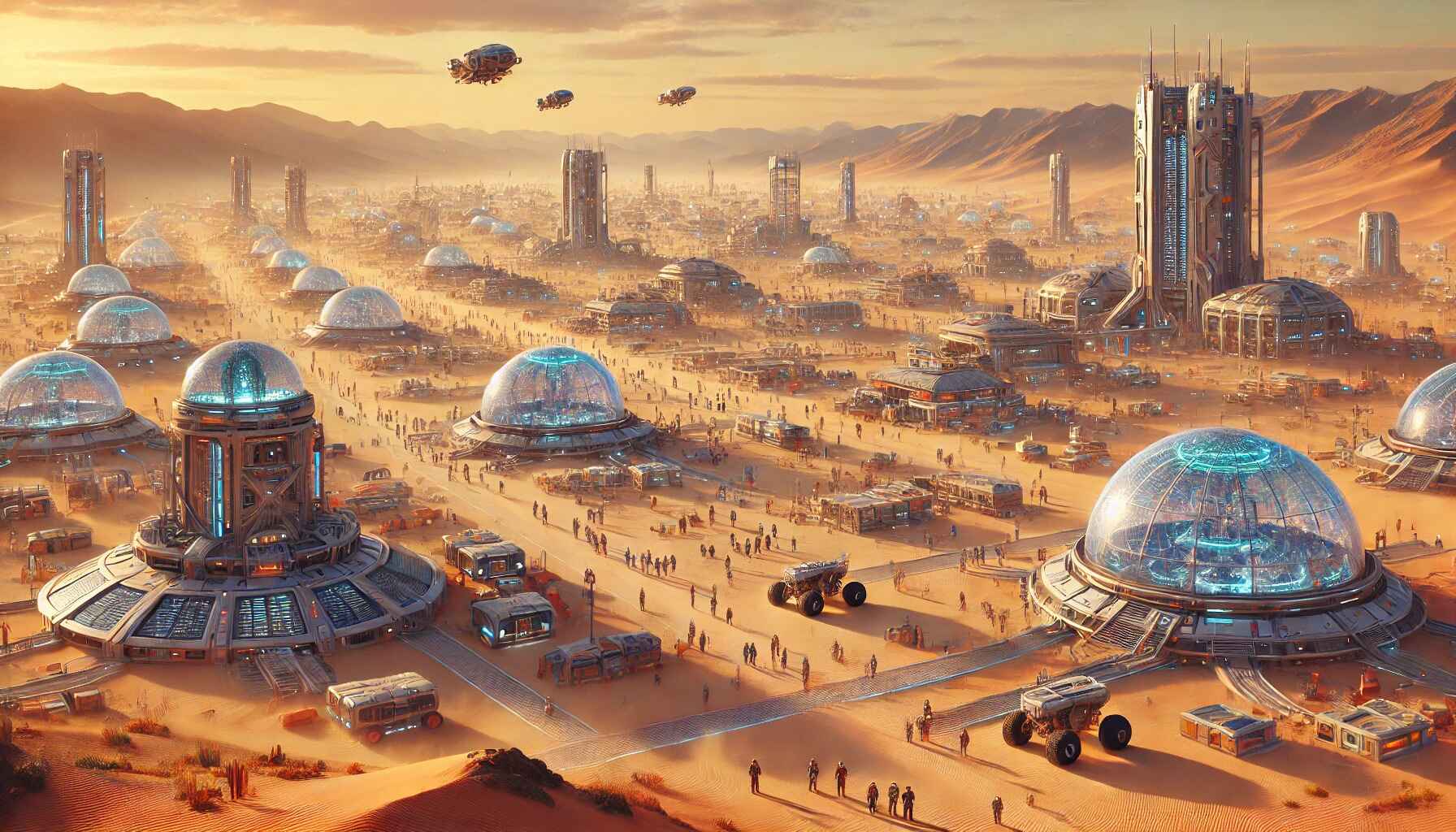 A high-tech desert colony, filled with vibrant activity, robots, and advanced vehicles