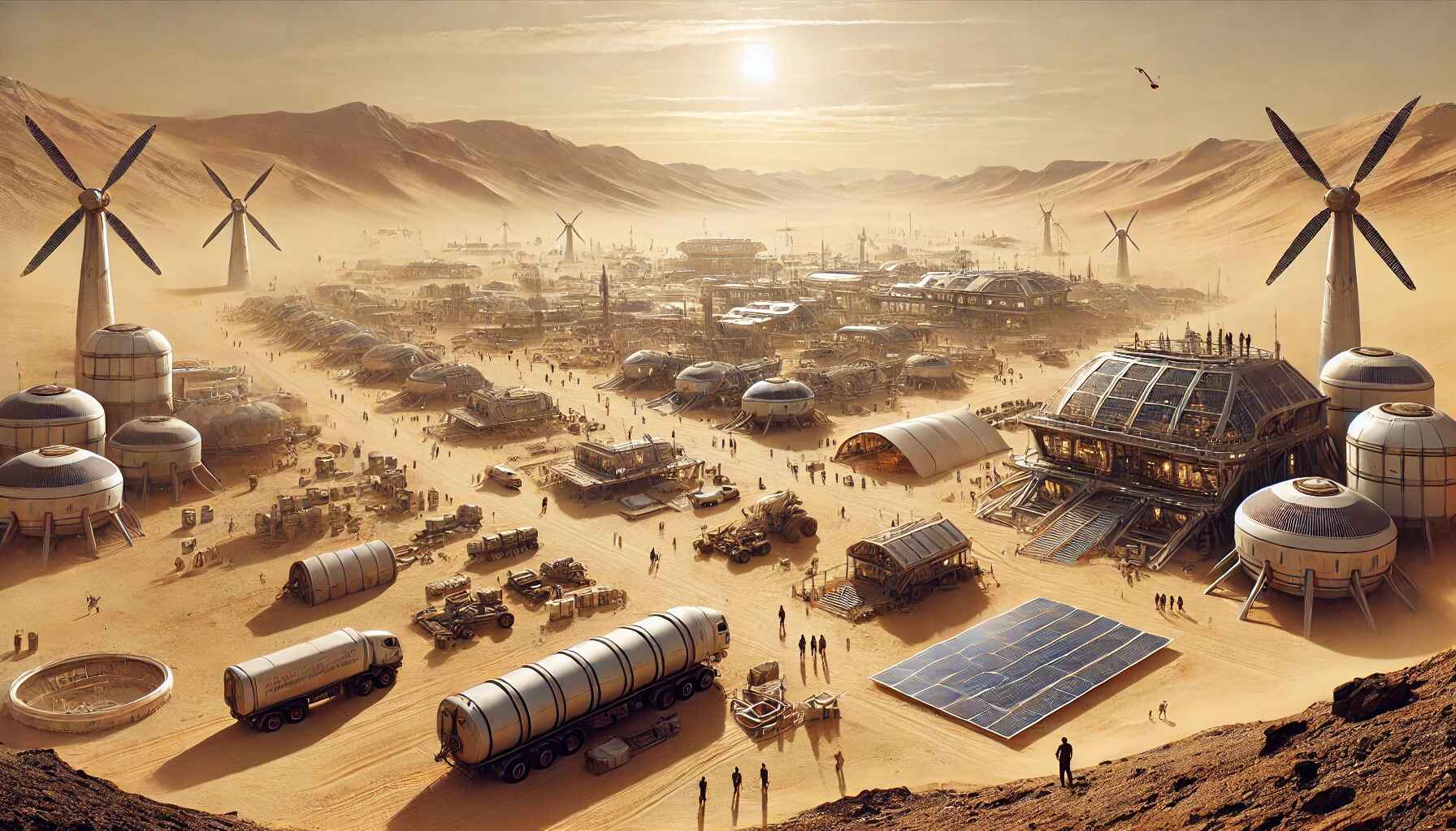 A vast desert landscape with a large, organized encampment of futuristic structures and vehicles, resembling a colony setup