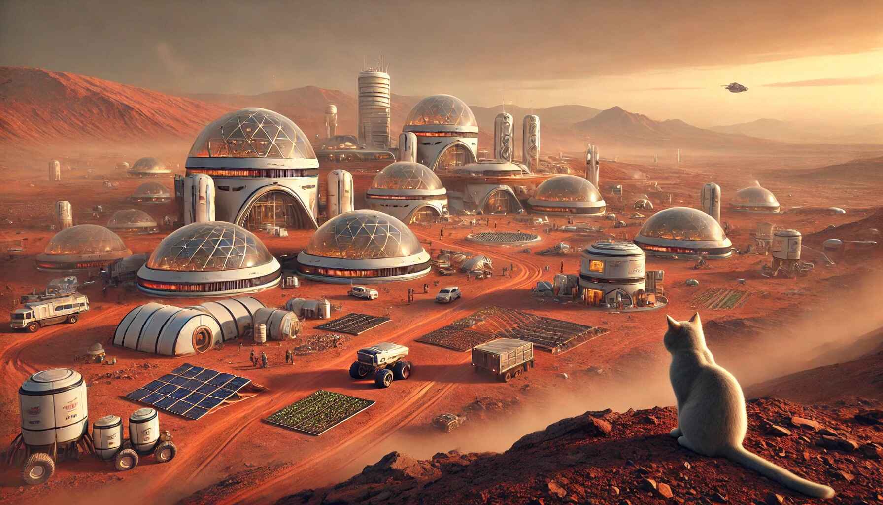 a bustling, futuristic Martian colony, with a curious cat observing the lively scene from a rocky perch in the foreground