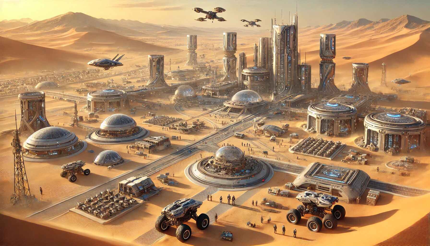 A bustling futuristic desert colony, featuring sleek structures, vehicles, and an active community in a remote desert landscape