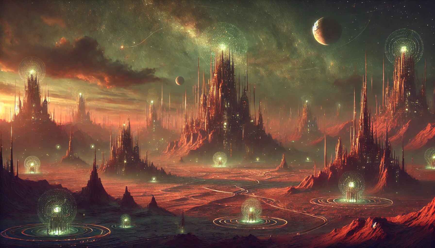 A vast desert landscape with a large, organized encampment of futuristic structures and vehicles, resembling a colony setup
