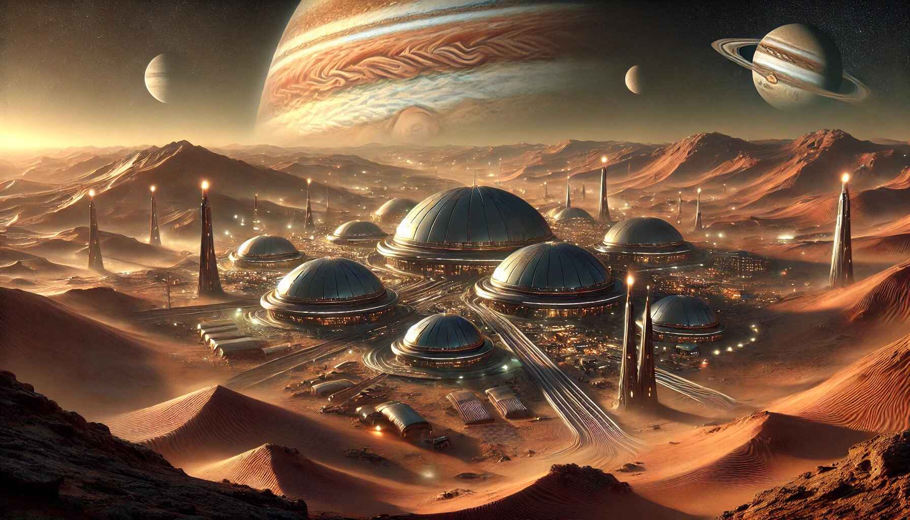 A vast desert landscape with a large, organized encampment of futuristic structures and vehicles, resembling a colony setup