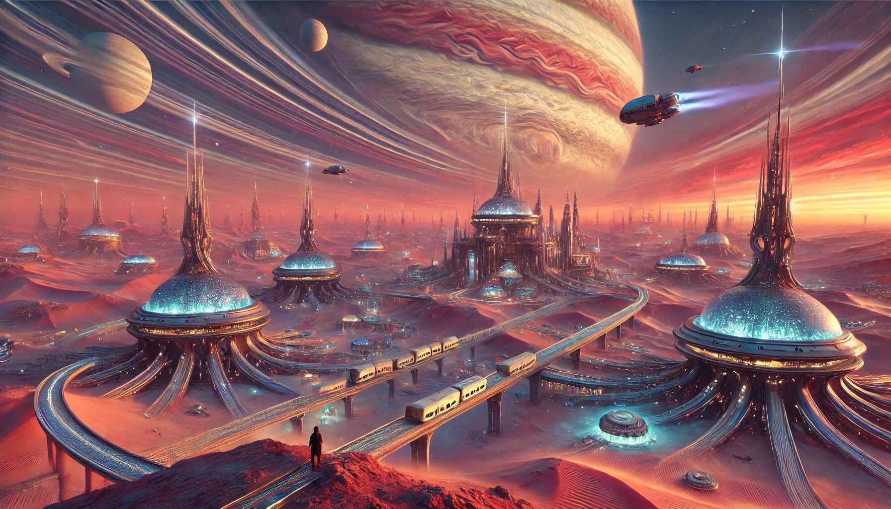 A vast desert landscape with a large, organized encampment of futuristic structures and vehicles, resembling a colony setup