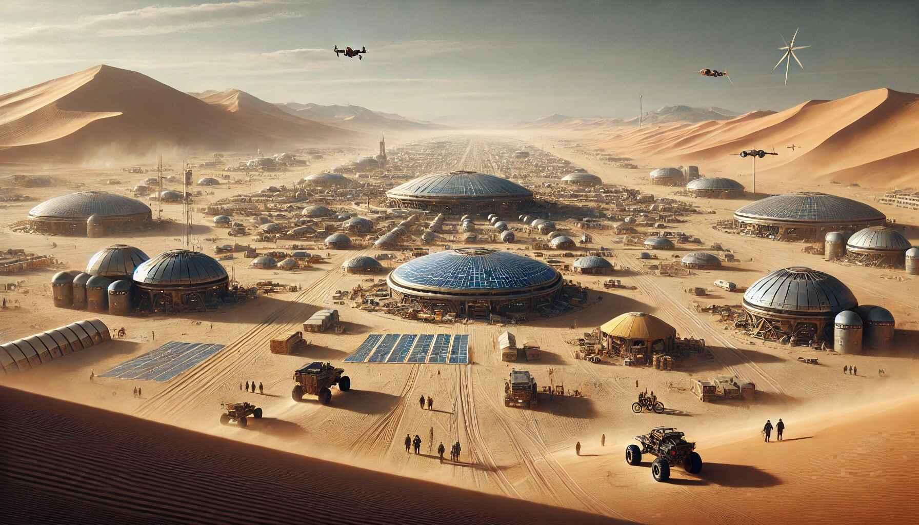 A vast desert landscape with a large, organized encampment of futuristic structures and vehicles, resembling a colony setup