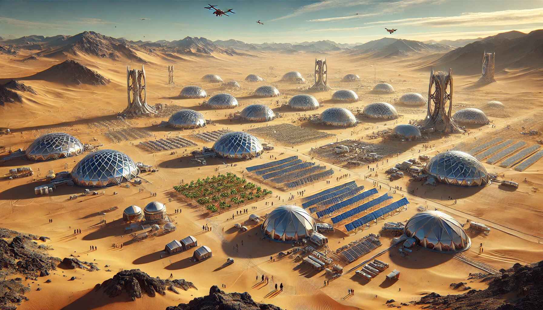 A vast desert landscape with a large, organized encampment of futuristic structures and vehicles, resembling a colony setup