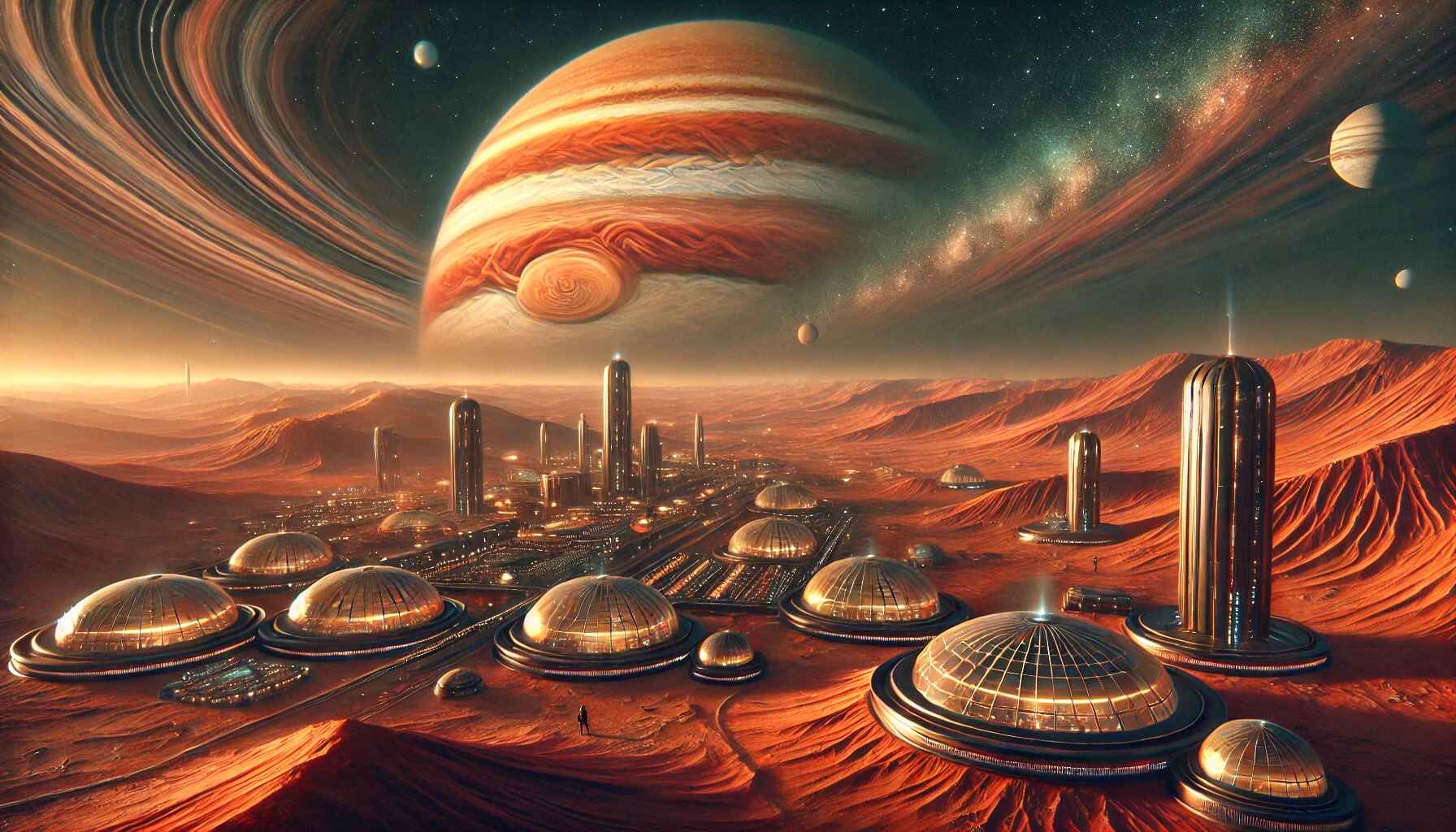 a surreal desert landscape on Jupiter with a futuristic colony bustling with activity